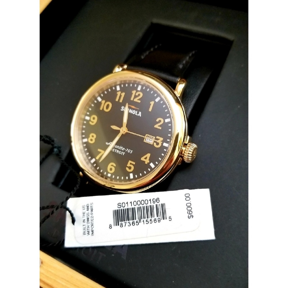 Shinola Runwell 41mm Black Dial Gold PVD Watch